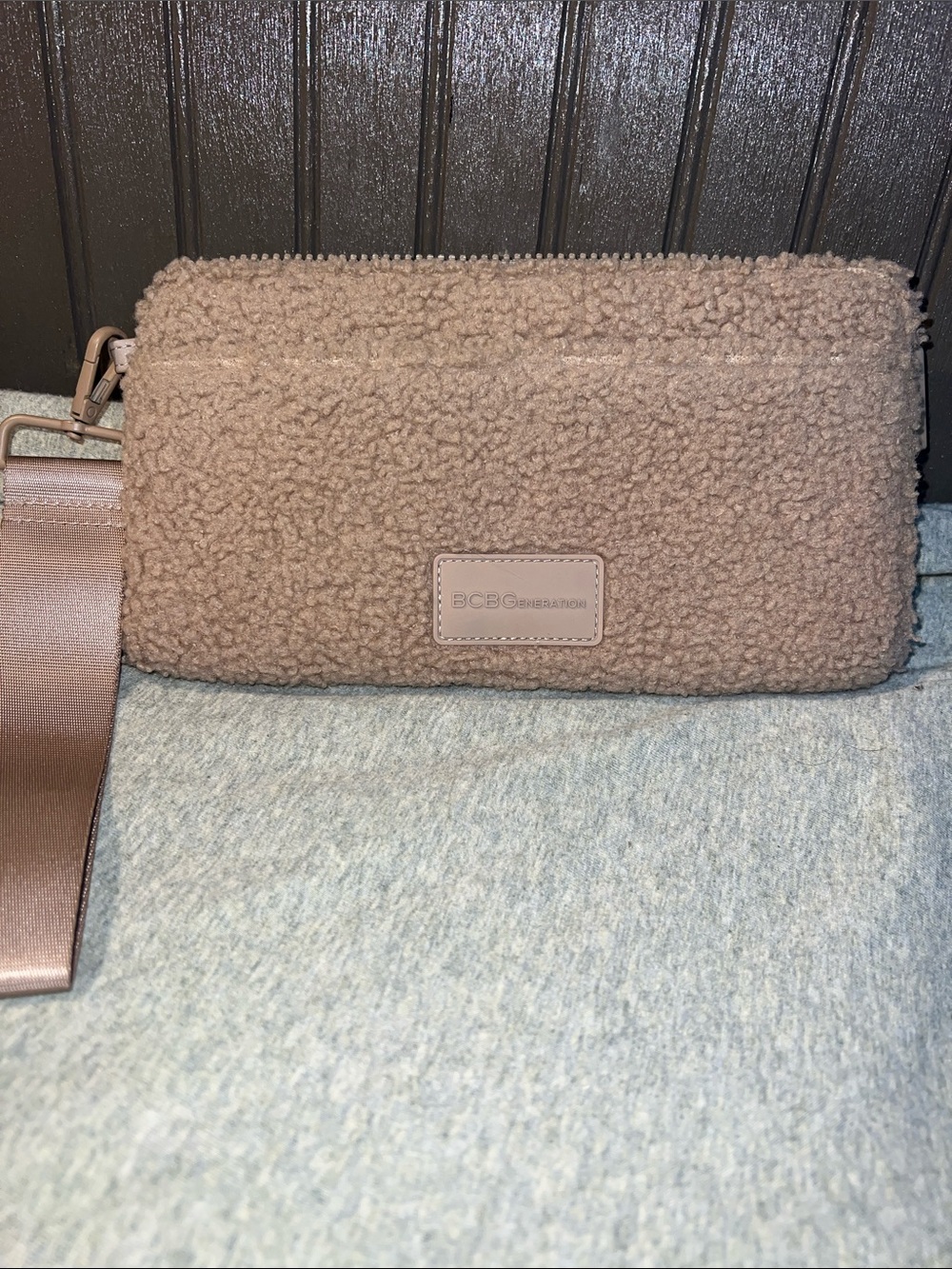 BCBGeneration Taupe Sherpa Wristlet Pouch with Wide Strap